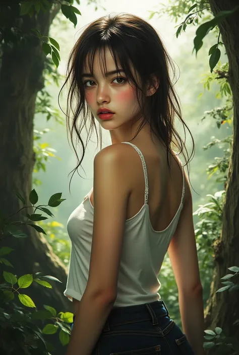 Create an enchanting illustration of a beautiful woman wearing a tank top, set against a backdrop of a lush forest. Ensure to capture the serene beauty of the natural setting while focusing on the exquisite detail of the subject. blurry background