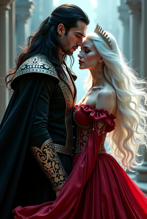 Vampire king and queen, otherworldly beautiful and powerful 
He is tall and strong, masculine, long black hair, piercing red eyes, full red lips, wearing royal clothing, Shiny Hair, Floating Hair, Wavy Hair, Serious, Crown, 
She is tall, pettite, long moon...