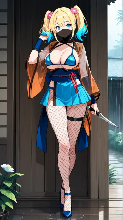 Anime, only(thong bra, lady ninja kimono Hawaiion) (in skin color brown) (Kimono Hawaiion, ninja clothing based color, Blue) (clothing,trim, detail,design color white)
(Age21 ) (weapon a dagger, was swirling stone on the ) (hidden village rain) background ...