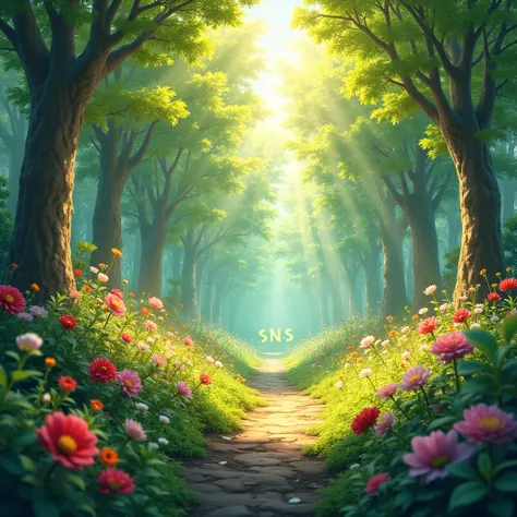 Generate a beautiful one, bright, blooming spring forest and lettering "ost sns"