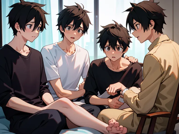 (The human body is structurally accurate ),,(face:1.06),(3 boys :1.4), 3 person trio of handsome sports guys,,Group of 3 guys ,Male emphasis ,
 black hair, young,eye,(usually),(daily:1.2),(animeスタイル,anime効果,anime),,(tears:1.2),,,
ルーズ casual,シンプルハイセンス casua...