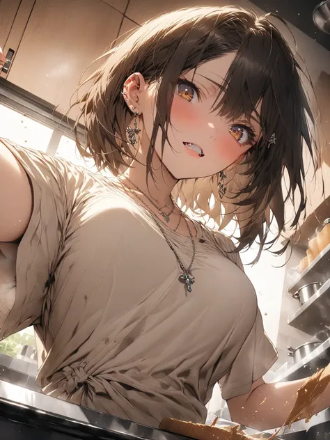 (masterpiece, detailed:1.2), One Girl, (18-years old), brown long Bob Cut, Medium Breasts, BREAK, earring, simple necklace, in kitchen, BREAK, Highest quality, BREAK, view from below