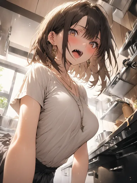 (masterpiece, detailed:1.2), One Girl, (18-years old), brown long Bob Cut, Medium Breasts, BREAK, earring, simple necklace, in kitchen, BREAK, Highest quality, BREAK, view from below