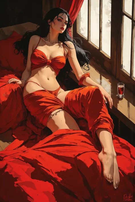 ((top quality)), ((Masterpiece)), (perfect Details),  (1 Mature girl, very sexy, Very shiny skin, The whole body is projected by lying on its side,  perfect body, Naked and wrapped in red silk)