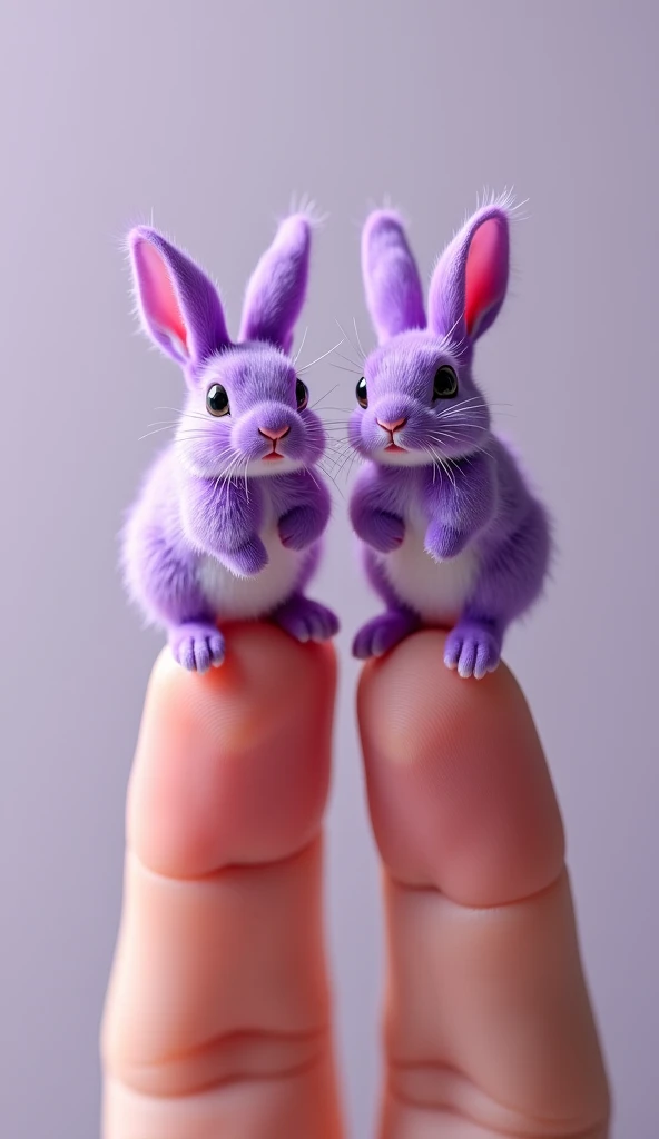 Two tiny purple rabbits are standing on ring fingers 