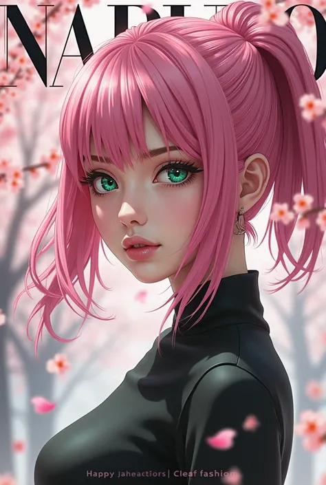 Create a cover of a fashion magazine with hyperrealistic Sakura from Naruto as the protagonist of the cover and with background texts as if it were a real magazine