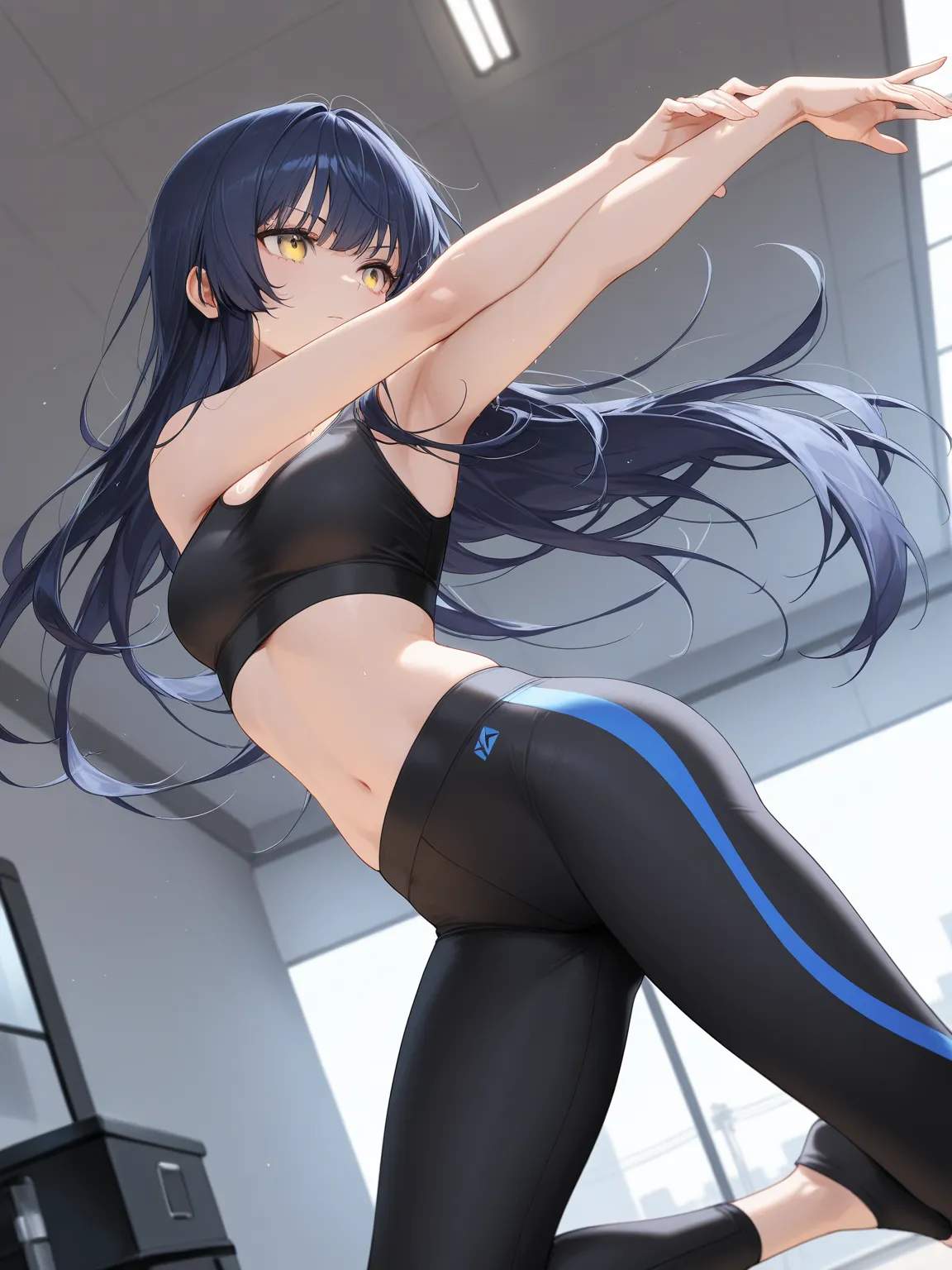 (masterpiece, best quality, extremely detailed), 
1girl, dark blue hair, long hair, yellow eyes, crop top, yoga pants, dynamic pose, cinematic angle,