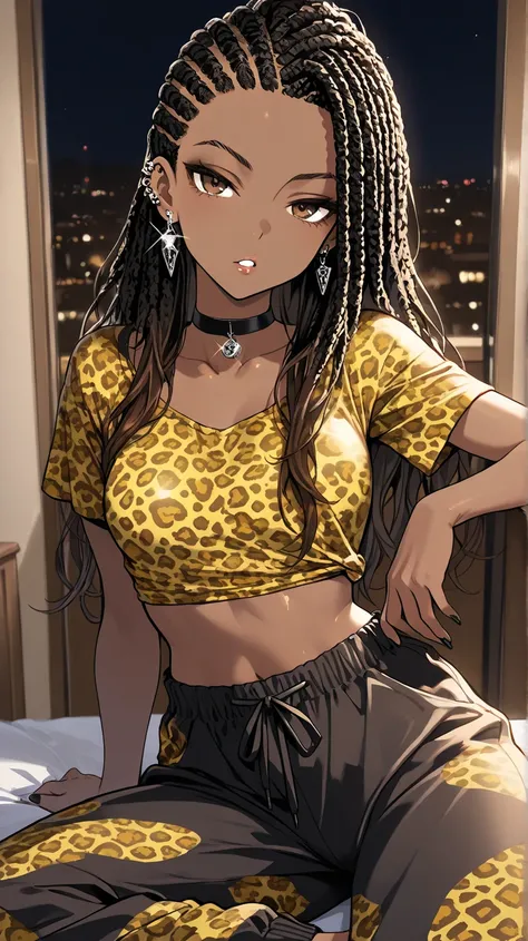 1Girl, Mature, Ebony, African American, Dark Brown Skin, Bright Brown Long Cornrows, Cornrows Spread Out, Shiny Hair, Bright Brown Eyes, Black Nails, Dark Brown Eye Shadow, Medium Chest, Yellow Leopard Pattern Cropped Long-Seeve Shirt, Black Baggy Pajama P...