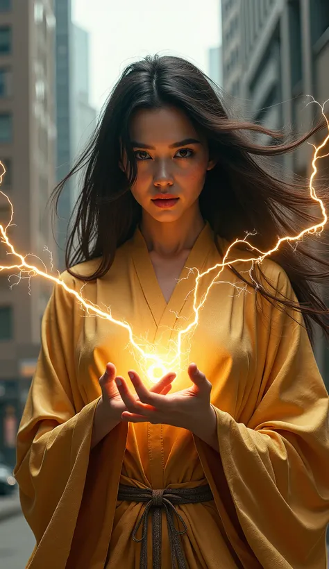 Beautiful dark-haired woman who manipulates lightning 、 has a long hairstyle、Golden kimono、 The background is under a city building、whole body