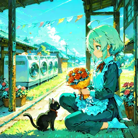 score_9, score_8_up, score_7_up, 1girl, One cat, Small black kitten with a red coller, UHD, Super Detailed, High Resolution, Masterpiece, Accurate, Anatomically Correct, Japanese Illustration Style, Very Pretty Lady, High Quality, Green medium hair girl, F...