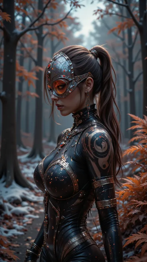  with reflective mask and exquisite helmet {x} A futuristic masterpiece with the latest technology， placed in an abstract environment ， is shown in an abstract environment ， A lonely ex-hacker girl 。 Her long hair tied into a high ponytail ， takes a dynami...