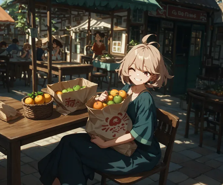 One woman、 beige hair 、 the woman is smiling with a troubled face 、Worried brow、 the woman has a paper bag 、The woman is in the market 、 fruits are lined up on the desk、 tile floor 、Outdoors、sunny、Clear skies、Old-fashioned town 