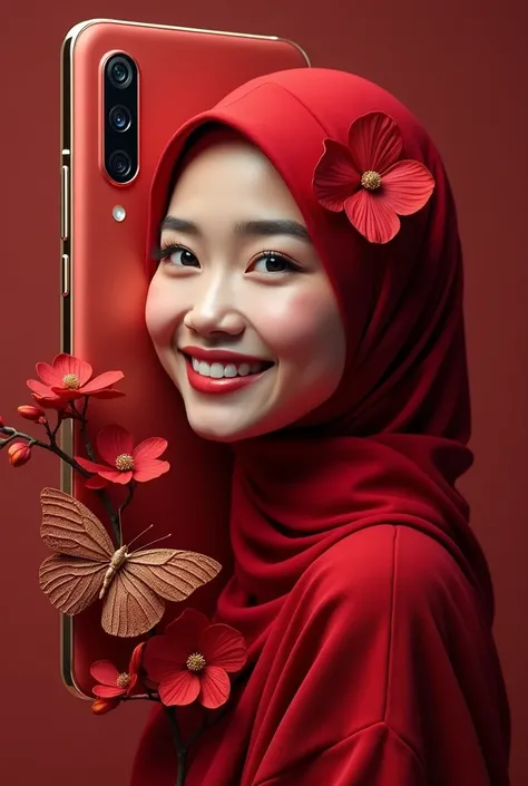 Mobile phone with case ,has a picture of an Indonesian Muslim woman wearing a red hijab , smiles and has four rear cameras . there is a beautiful red orchid and butterfly ,  of gold and crystal ,  Pearl ,di bagian bawah ada nama My Love dari emas,3D realis...