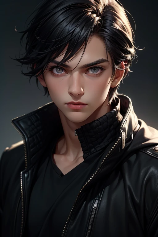 boy, handsome face, (face detail), black hair, (hair detail), grey eyes, (ultra eye detail), wearing black jacket, (clothes detail), cool pose, (body detail), charming gaze, artistic background, (background detail), (make clear and nice picture), (make 4k ...