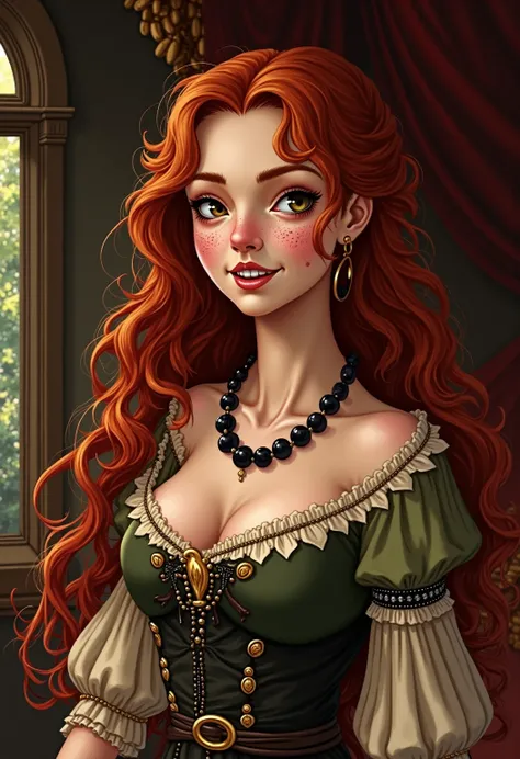 A realistic medieval fantasy portrait of a courtisane of 20 years. She has a pug nose and lots of freckles. She has thick red hair, long enough to reach past her waist. She has a lively face and smiles seductively.
She wears a necklace of black pearls. 
On...