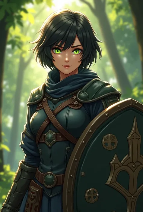 "4K anime style quality, digital drawing mode, fierce and protective female warrior with short dark hair and glowing green eyes, wearing dark leather armor with club symbols etched into her shield, standing in a dense forest clearing, radiant skin with a s...