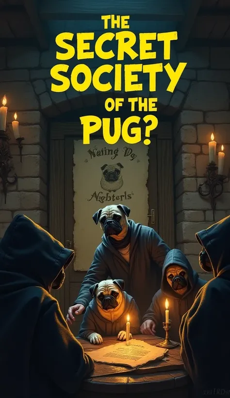 "A mysterious dimly lit secret society meeting hall with an eerie atmosphere. In the center, a masked man wearing a leather dog collar is scratching at a large wooden door, as if begging to enter. Behind him, shadowy figures in hooded robes with pug masks ...