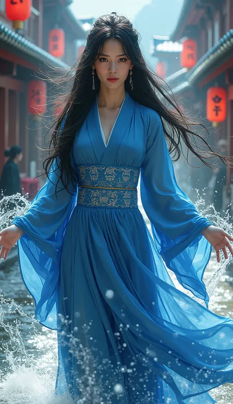 A dark-haired beauty who manipulates water、 has a long hairstyle、 blue kimono、In the city、whole body