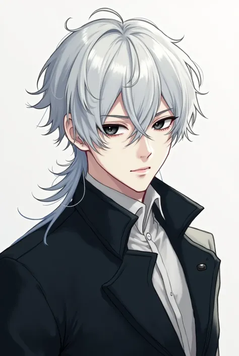  illustration. Male character with pale silver hair and hair all the way down to the neck.  black eyes.