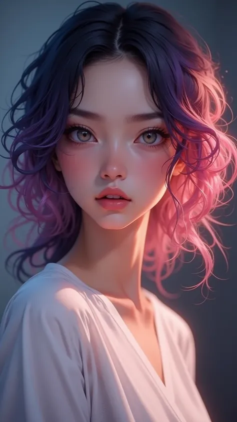  A breathtaking masterpiece ， depicts a 25-year-old girl ， hair in indigo and pink wavy curls，Low ponytail ， that shows detailed and realistic eyes ， focused on the collarbone ， with soft gradient hair 。8K resolution，Perfect depth of field。