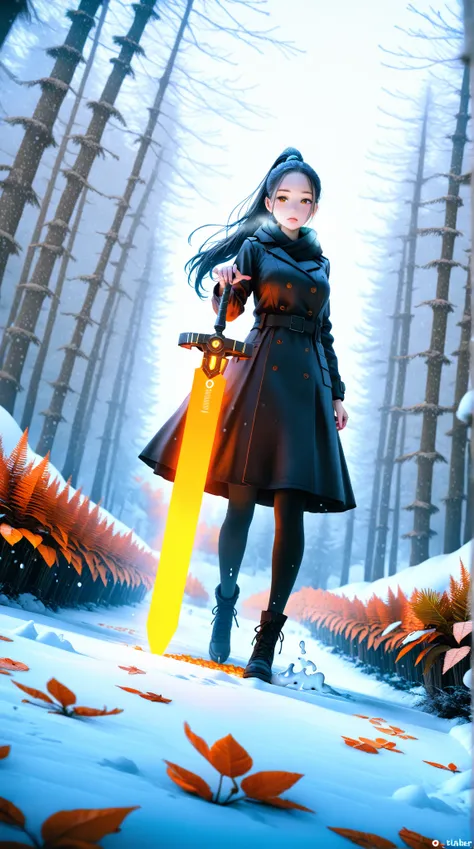 A FUTURISTIC MASTERPIECE WITH THE LATEST TECHNOLOGY， placed in an abstract environment ， is shown in an abstract environment ， A lonely ex-hacker girl 。 Her long hair tied into a high ponytail ， takes a dynamic pose ， holds a huge sword 。 Focus depth 。outd...