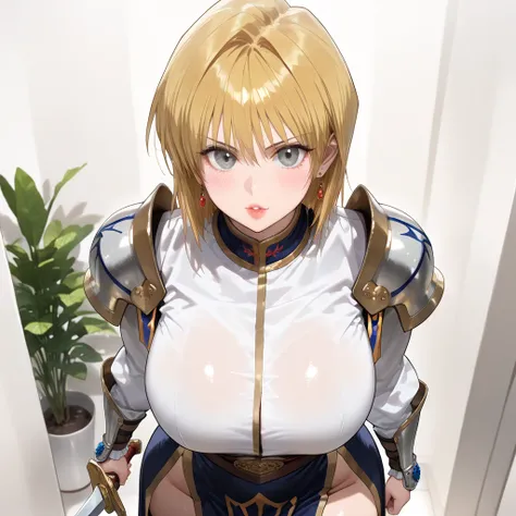 Angelic、With a round face、round chin、Close-up of a woman in armor holding a sword, Armor girl, female knight, big and full breasts、full armor, full armor, gorgeous female paladin, female knight, of a Beautiful female knight, Beautiful armor, Plump、thick wa...