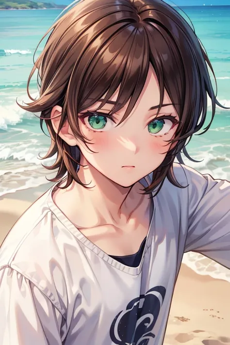 anime boy, handsome face, (face detail), brown hair, (hair detail), green eyes, (ultra eye detail), wearing casual clothes, (clothes detail), cool pose, (body detail), charming gaze, beach background, (background detail), (make clear and good picture), (ma...