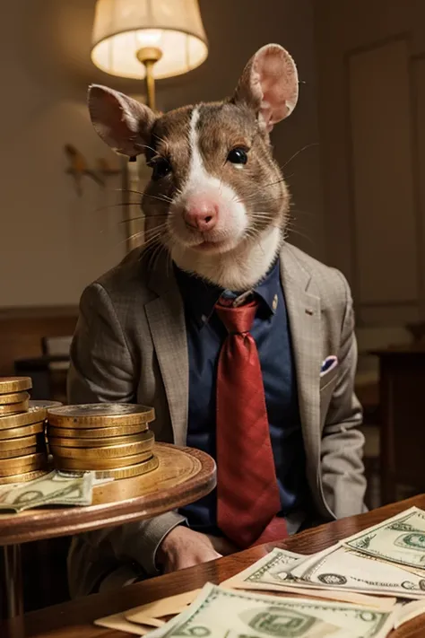 The rat was wearing a tie and a table in front of him was piled with a lot of money