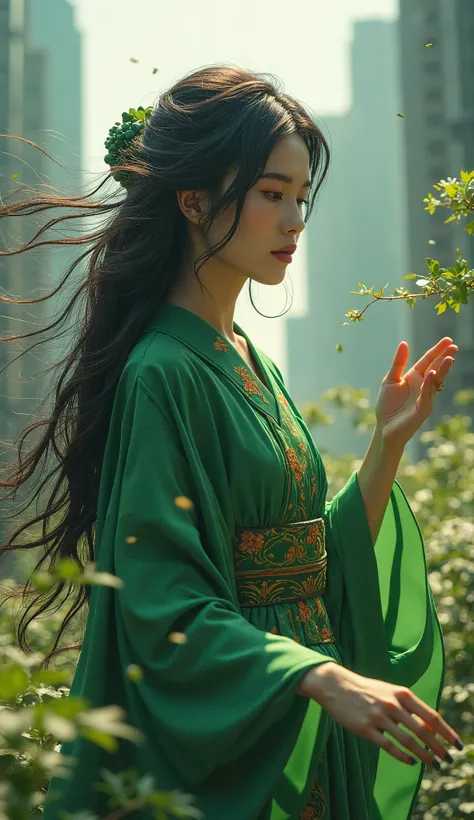 A dark-haired beauty who manipulates green plants and wind、 has a long hairstyle、Green kimono、Buildings in the city、whole body