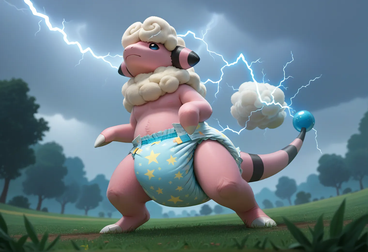 score_9, score_8_up, score_7_up, score_6_up, source_furry, dof, full-length portrait, solo, blurred background, flaaffy, pokemon (creature), thick diaper, low angle view, thunderstorm, cinematic, dynamic angle, serious expression, concentrating, electricit...