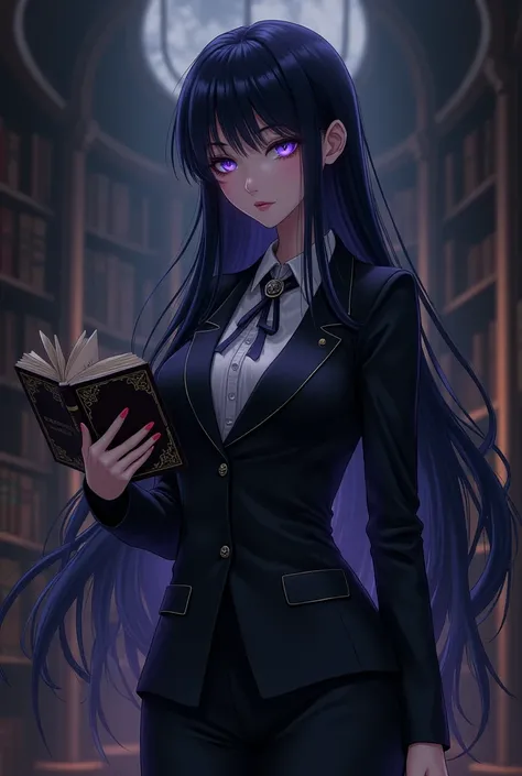 "4K anime style quality, digital drawing mode, a dark and calculating woman with long raven-black hair and glowing violet eyes, wearing a dark suit adorned with spade patterns, standing in a shadowy library filled with ancient tomes, radiant skin with a so...