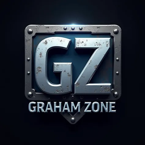 A powerful, industrial-style YouTube logo for 'GRAHAM ZONE'. The design features metallic silver and dark blue colors with a rugged, 3D steel effect. The initials 'GZ' are embossed onto a metal plate with subtle rivets and a futuristic, high-tech glow