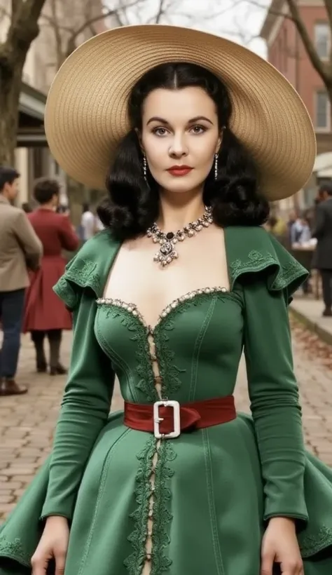 Front view,  full body, standing pose, on old Atlanta street, looking at  viewers, name is  Vivien Leigh,  (black classic middle hair , pearl earrings and  neckless, old lace hat wit, red clothes and flower) , (green base 19 century ancient bell skirt dres...