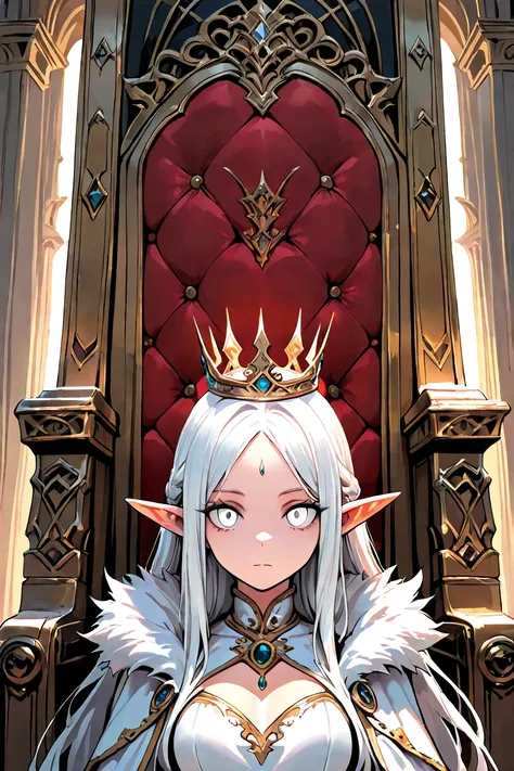 masterpiece, best quality, absurdres, newest, very aesthetic, amazing quality, highres, sensitive, throne room, solo, 1 female, 25 years old, long white hair, elf, crown, white eyes, expressionless, looking at viewer, portrait,