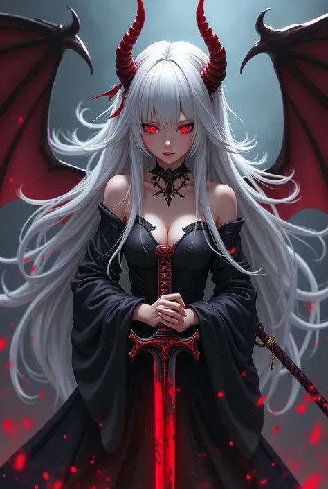 An anime girl, a demon, white hair, red eyes, wings, carrying a katana sword covered in blood,