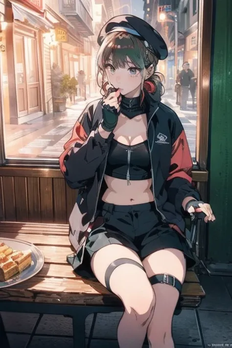 ubel,dark green hair,long hair,side ponytail,hair between eyes,bangs, BREAK (beret, black jacket, open clothes, cleavage, midriff, black shorts, black thighhighs, thigh strap, fingerless gloves, single glove:1.2), (double breasted,under bust:1.2),  sitting...