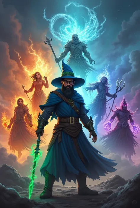 Epic video game cover art featuring the protagonist (a bearded man with a black beard, round glasses, and a blue wizard hat with green details) standing heroically against five elemental mage bosses. The bosses include:  
1. **Fire Mage** – A molten lava-t...