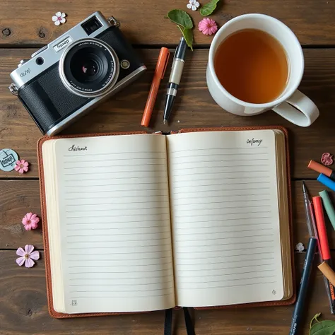 A realistic a tidy desk with an open notebook, a camera, colored pens and a cup of tea/coffee.
Photographs or illustrations of cozy corners
Images of photos, stickers, clippings or scrapbooks.
Small flowers, leaves, or textures that recall nature