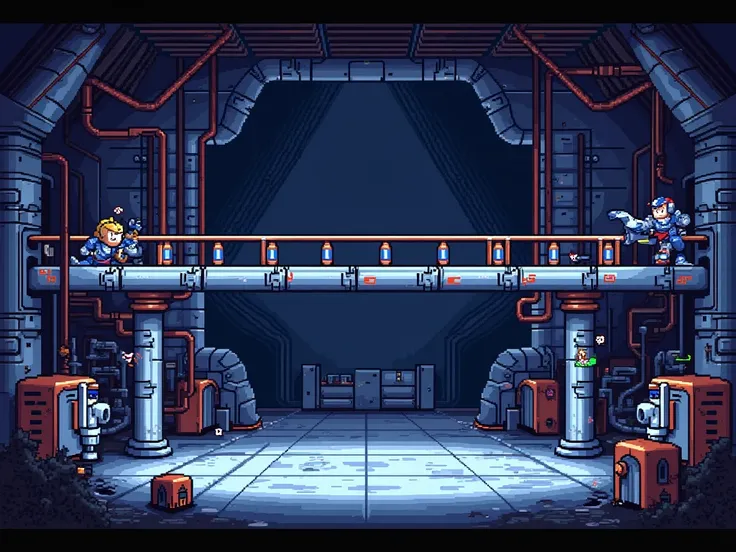 Megaman 2d backstage but only the stage, 16 bits, In the middle of the stage there is a long bridge horizontally 