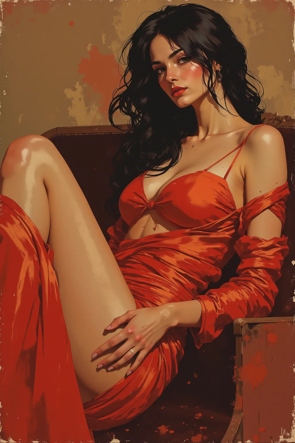 ((top quality)), ((Masterpiece)), (perfect Details),  (1 Mature girl, very sexy, Very shiny skin, The whole body is projected by lying on its side,  perfect body, Naked and wrapped in red silk)