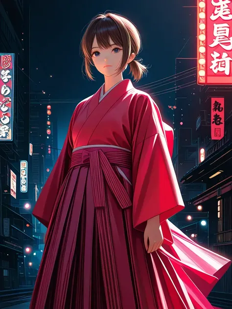 ((masterpiece, best quality, ultra detailed, super fine illustration, highres, movie poster style, cinematic lighting)), 1girl, ((solo)), dynamic angle, cool face, closed mouth, beautiful black eyes, ((dark brown hair, short ponytail)), japanese_clothes, (...