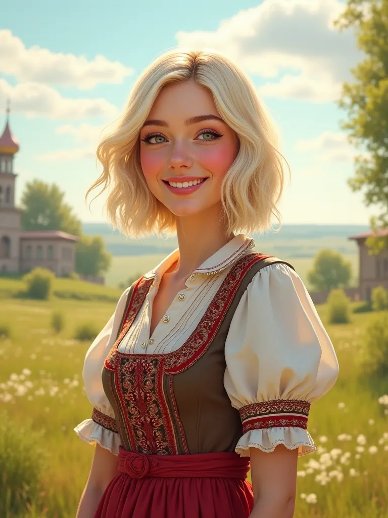 Nice cute platin blond with bob hair, smiling in russia with typical clothes, day mood, détails, détaillé, sunlight, full body,