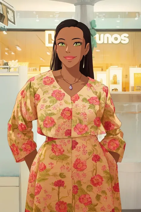 there is a woman standing in a store with a smile on her face, in style of nadine ijewere, appearing in a shopping mall, in style of davey adesida, inspired by Tadashige Ono, wideangle portrait, inspired by Ingrida Kadaka, by Ingrida Kadaka, inspired by Ch...