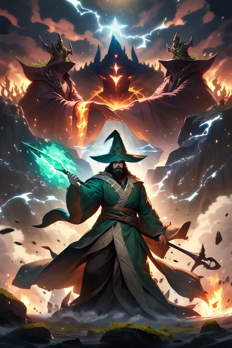 Here's a prompt for your game cover (in English):  

**"Epic video game cover art featuring the protagonist (a bearded man with a black beard, round glasses, and a blue wizard hat with green details) standing heroically against five elemental mage bosses. ...