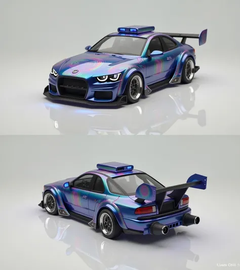 Futuristic flying car, covered in rainbow batik pattern and glowing rgb runes, underglow, spoiler, roof cargo box, front lamp, fog lamp, rocket thrusters, vtol thrusters, bottom thrusters, side thrusters, wings, jet engine, exhaust pipes, front view and re...