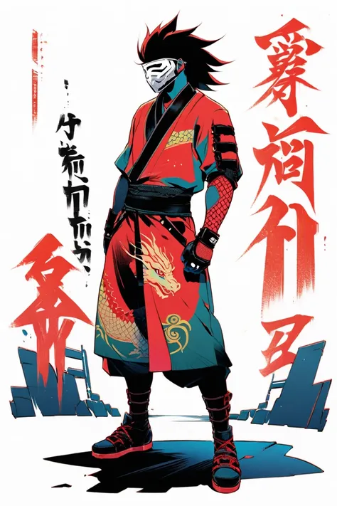  cyberpunk ninja action novel。solo ninja 。((white background illustration ))。(( full body illustration))。(( Standing))。 cyberpunk mask。 judo style ninja costume。Dragon pattern。Jee-Kun Do's Master。The style of the boss。