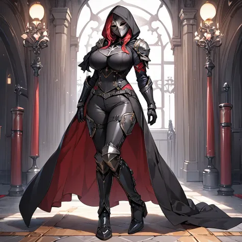  Masterpiece,  top quality,  Hi-Res,  1girl , Alone、ShanCV ,Black leather clothing 、Big Breasts、  black robe  、black hood 。Iron Mask on Face , iron gauntlet on the arm 、  long pants、Iron Boots、Assassin&#39;s Outfit、 full body、