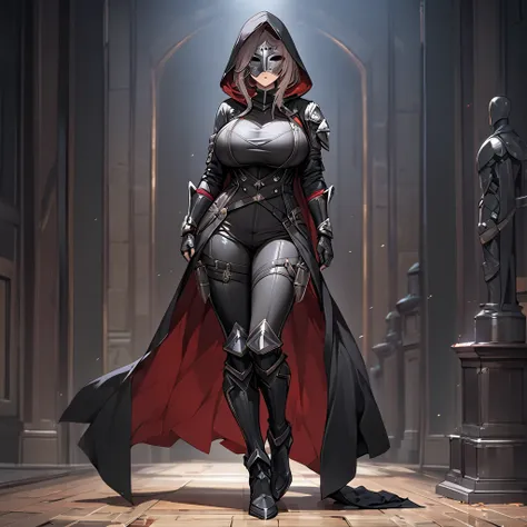  Masterpiece,  top quality,  Hi-Res,  1girl , Alone、ShanCV ,Black leather clothing 、Big Breasts、  black robe  、black hood 。Iron Mask on Face , iron gauntlet on the arm 、  long pants、Iron Boots、Assassin&#39;s Outfit、 full body、