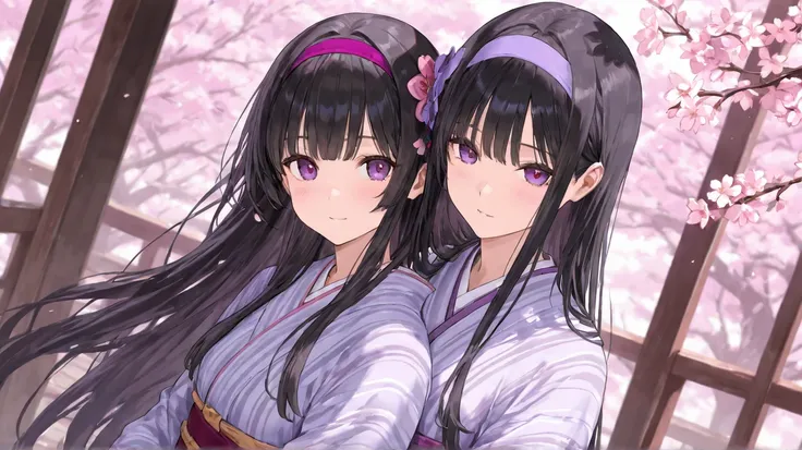  long black hair　 girl　 purple eyes　 hair band　 kimono　whole body　cherry blossoms