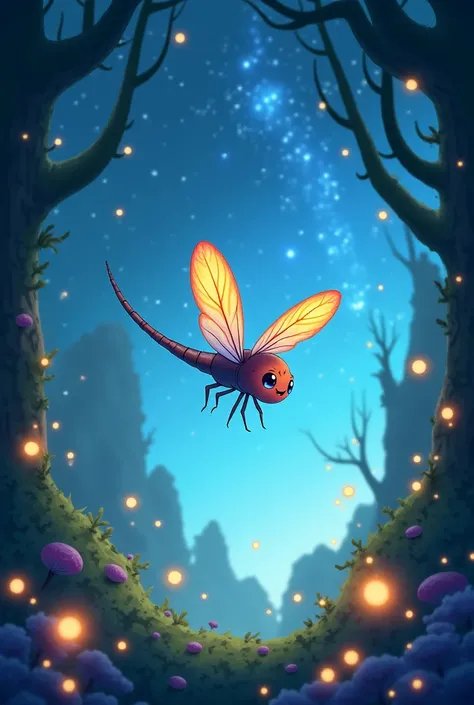 Cute kawaii dragonfly in night sky fantasy forest with fireflies 